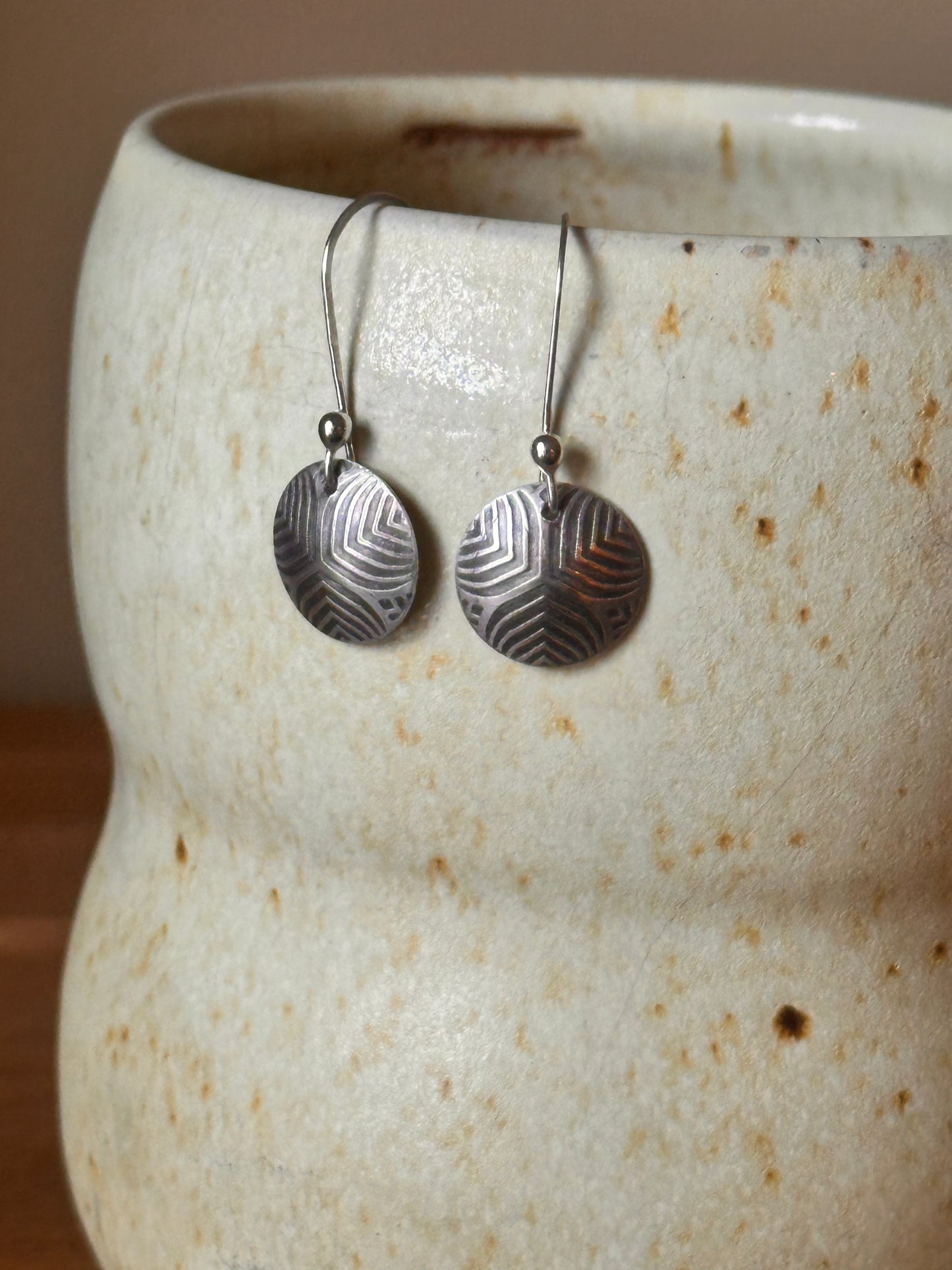 Fine Silver Patterned Domed Disc Earring