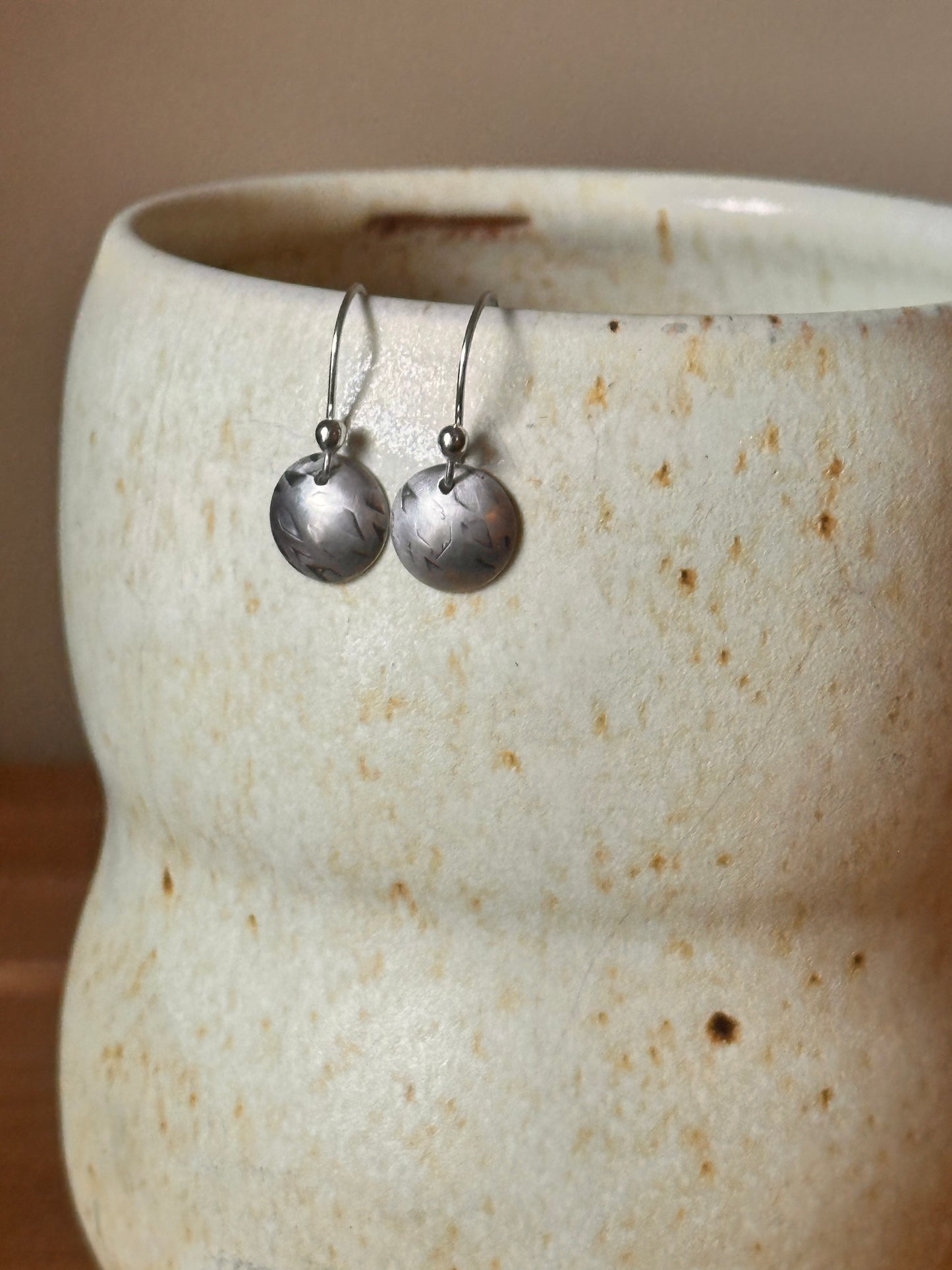 Fine Silver Triangle Stamped Domed Disc Earring
