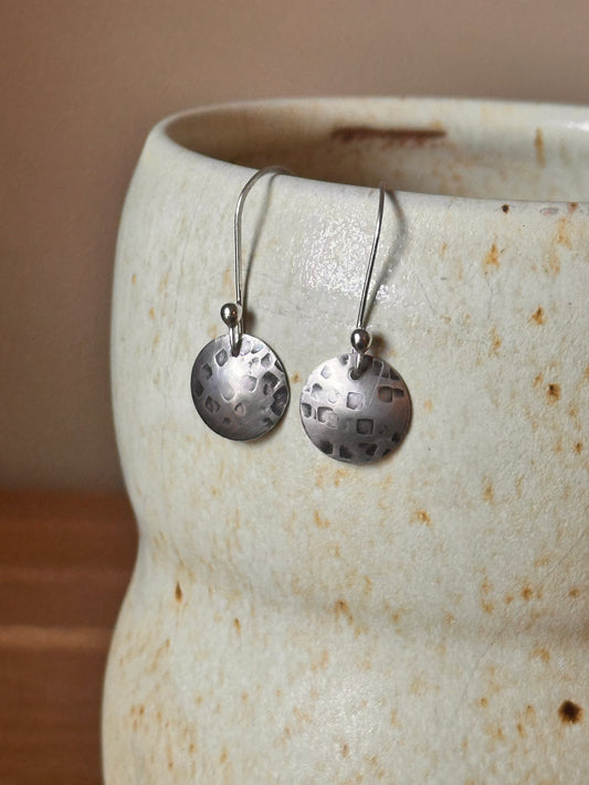 Fine Silver Square Stamped Domed Disc Earring